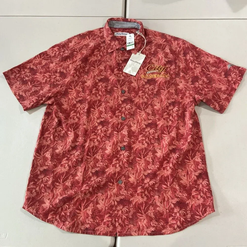 NWT Tommy Bahama Sport Jungle Shade Silk Sacramento City Baseball Red Large